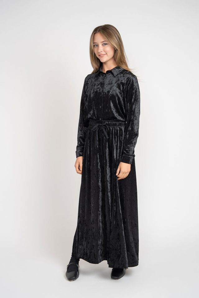 Crushed Velvet Button Down Set - Black