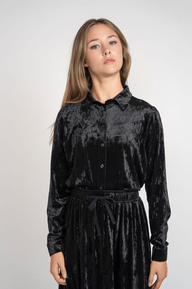 Crushed Velvet Button Down Set - Black