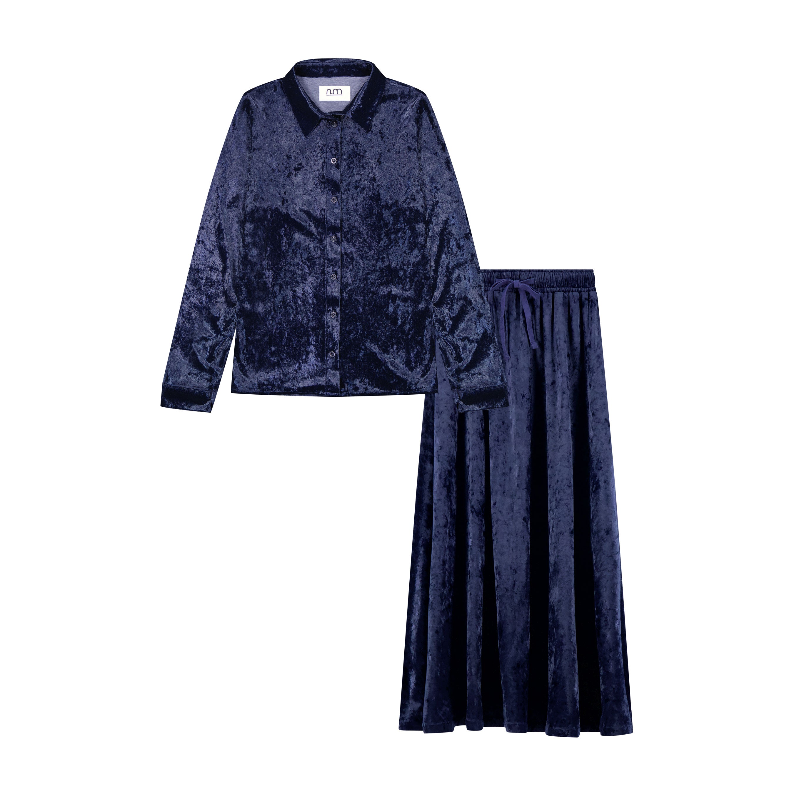 Crushed Velvet Button Down Set - Navy