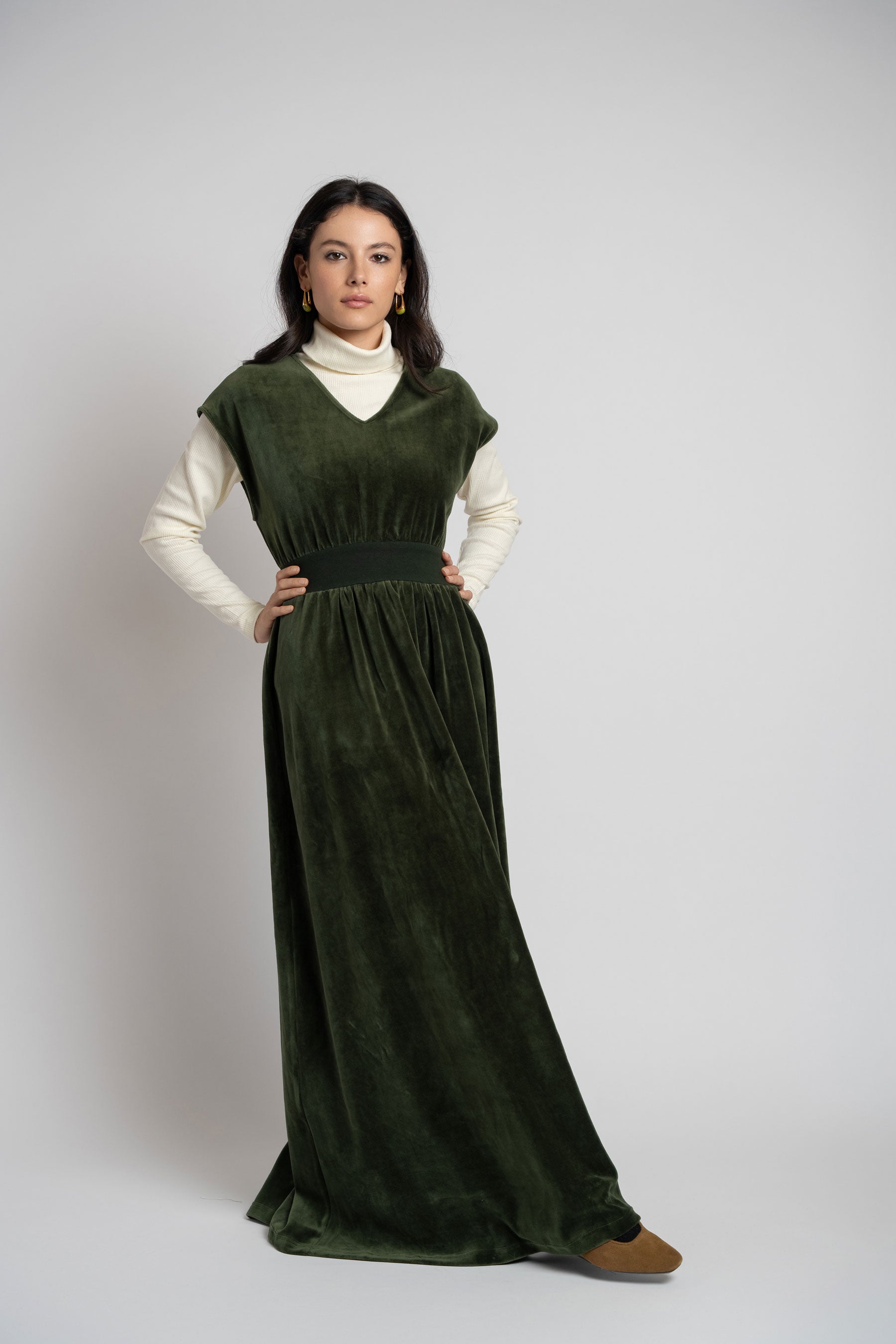 Velour V Neck Maxi - Green