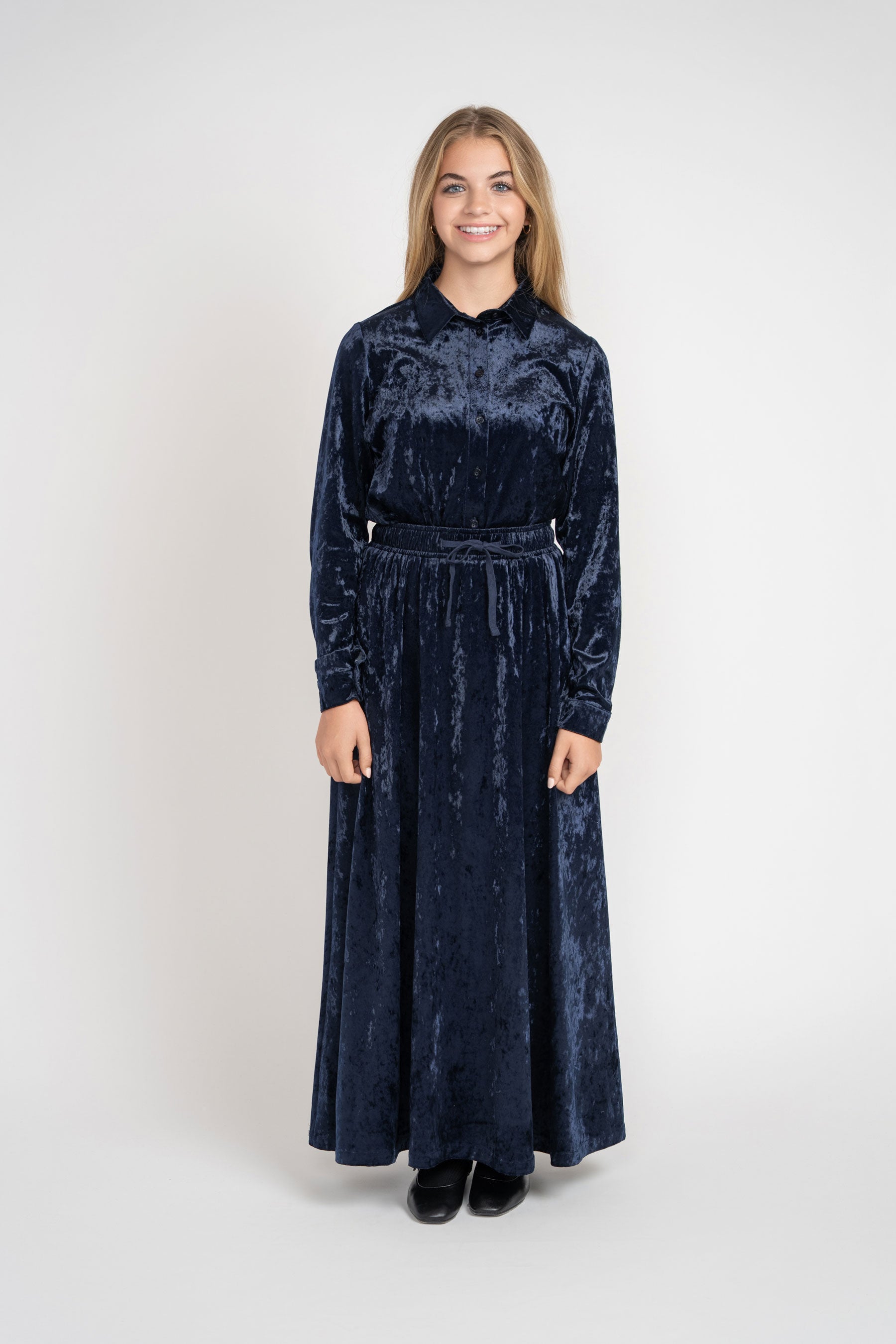 Crushed Velvet Button Down Set - Navy