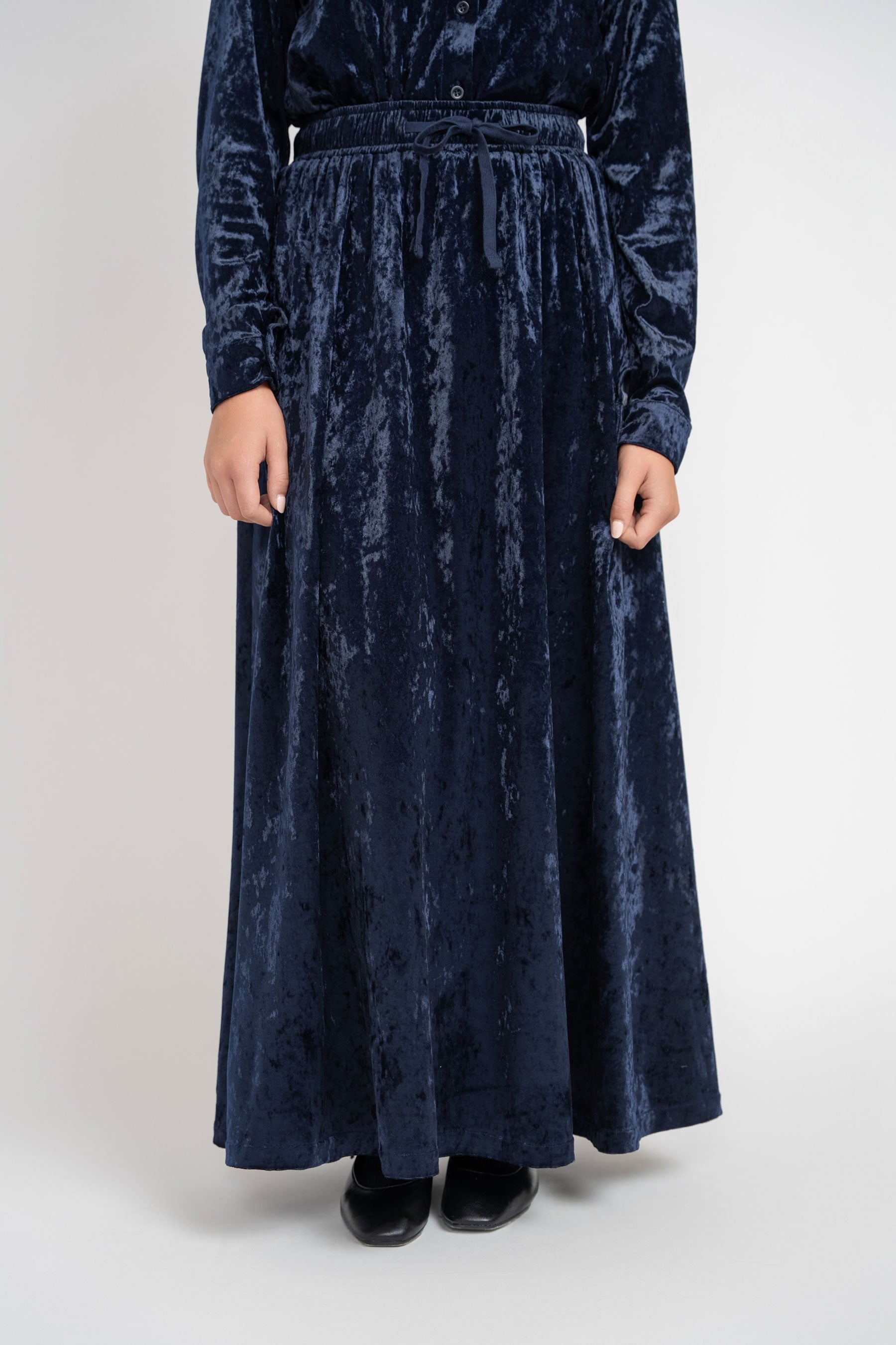 Crushed Velvet Button Down Set - Navy
