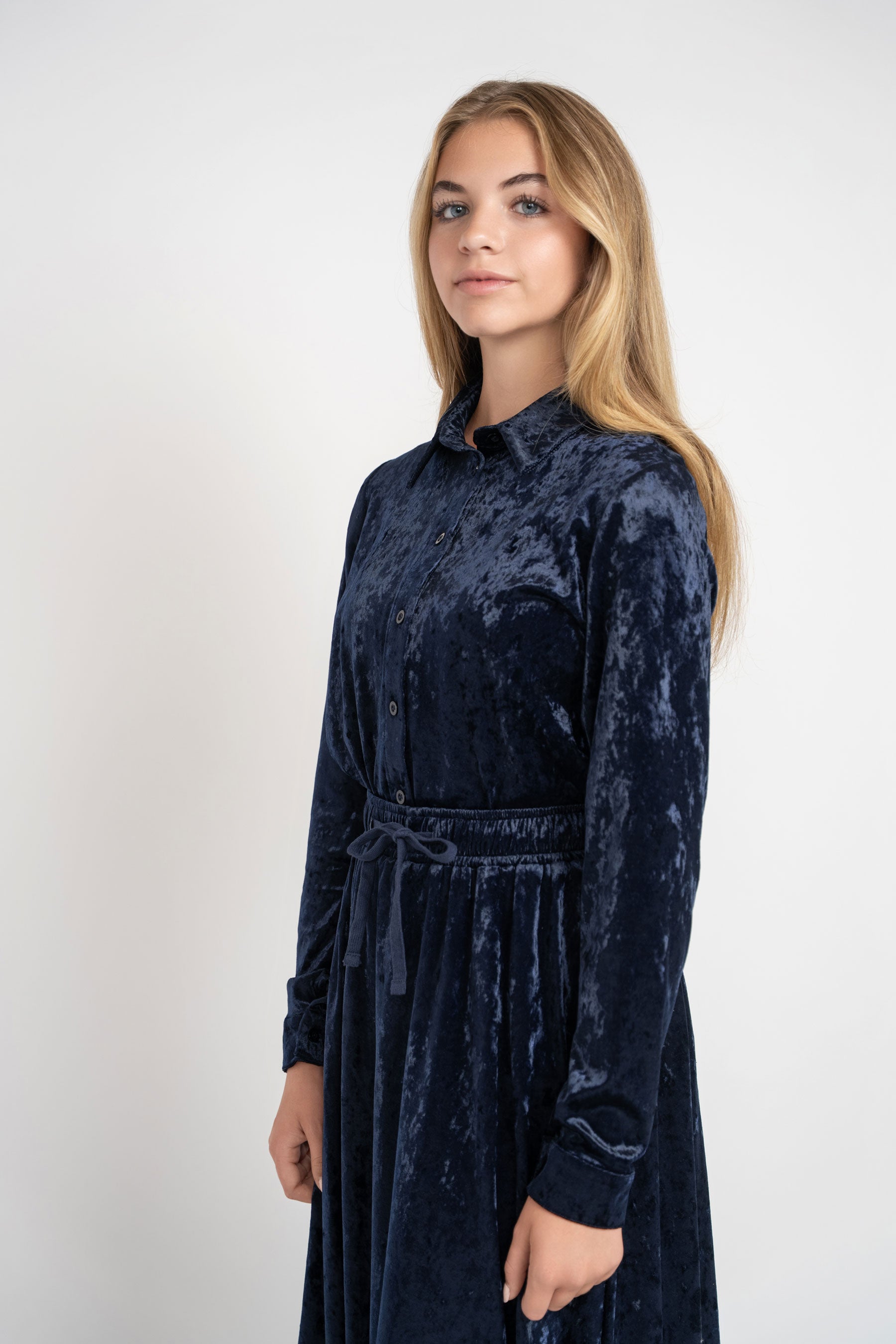 Crushed Velvet Button Down Set - Navy