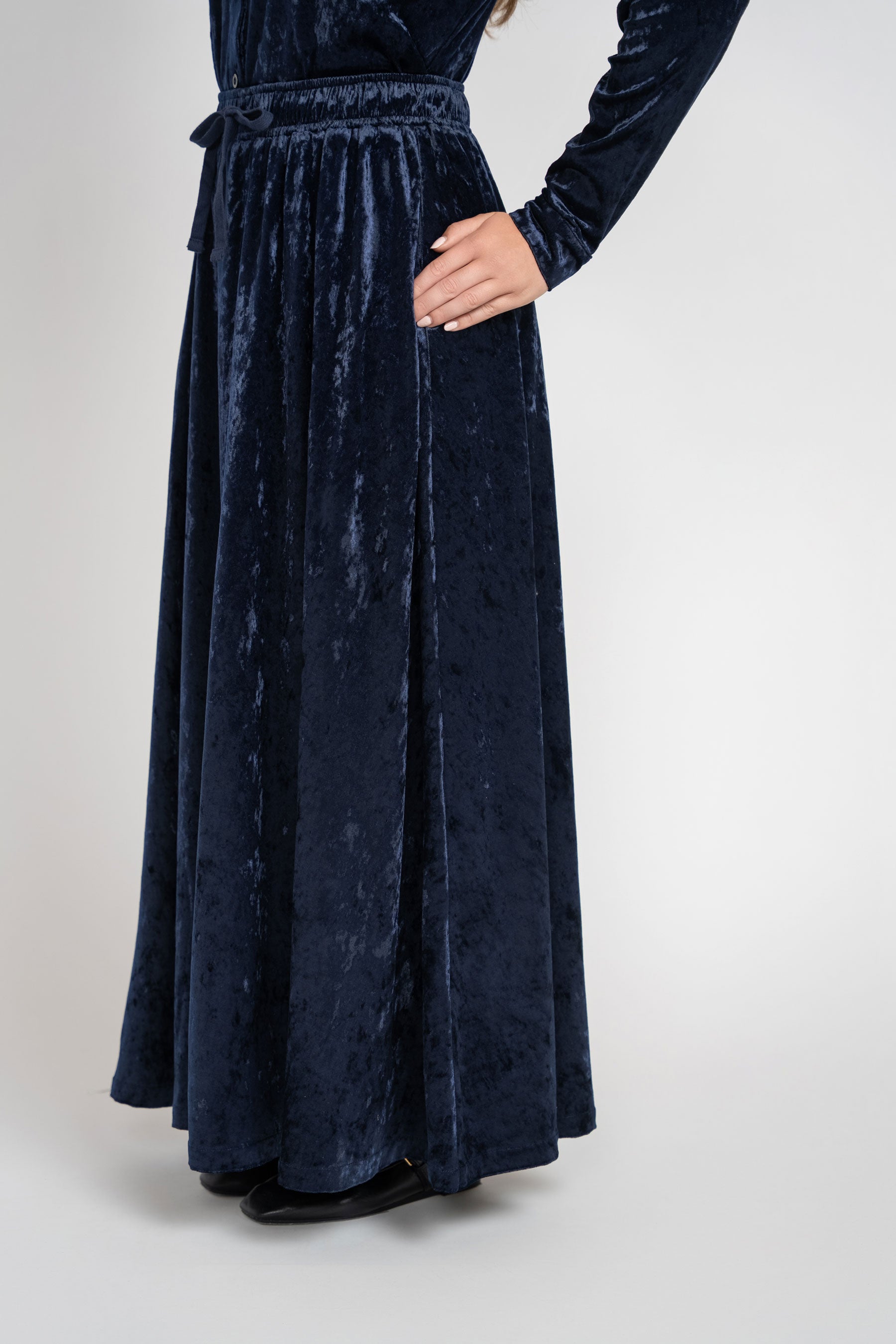 Crushed Velvet Button Down Set - Navy