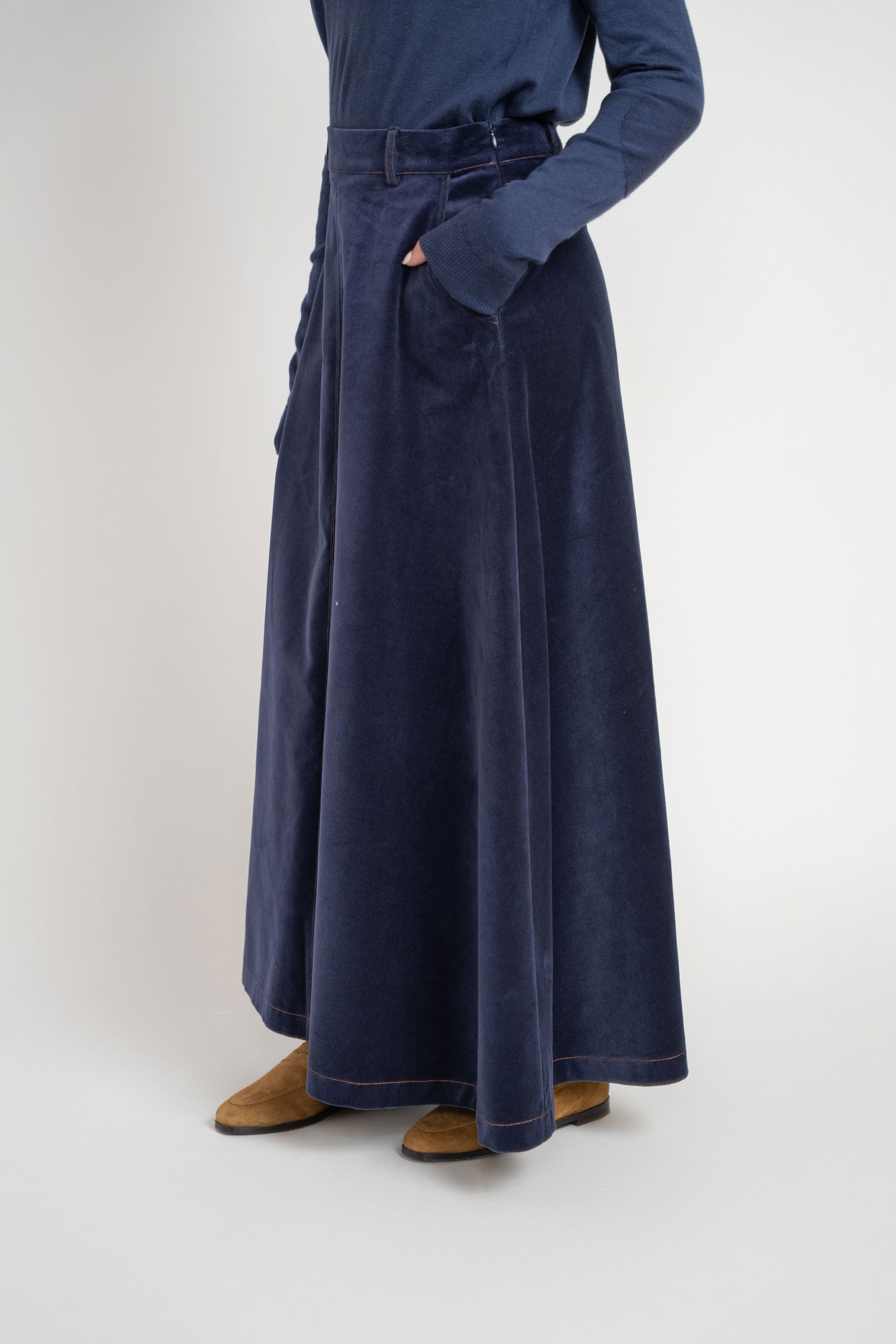 Navy Velour Velvet Skirt