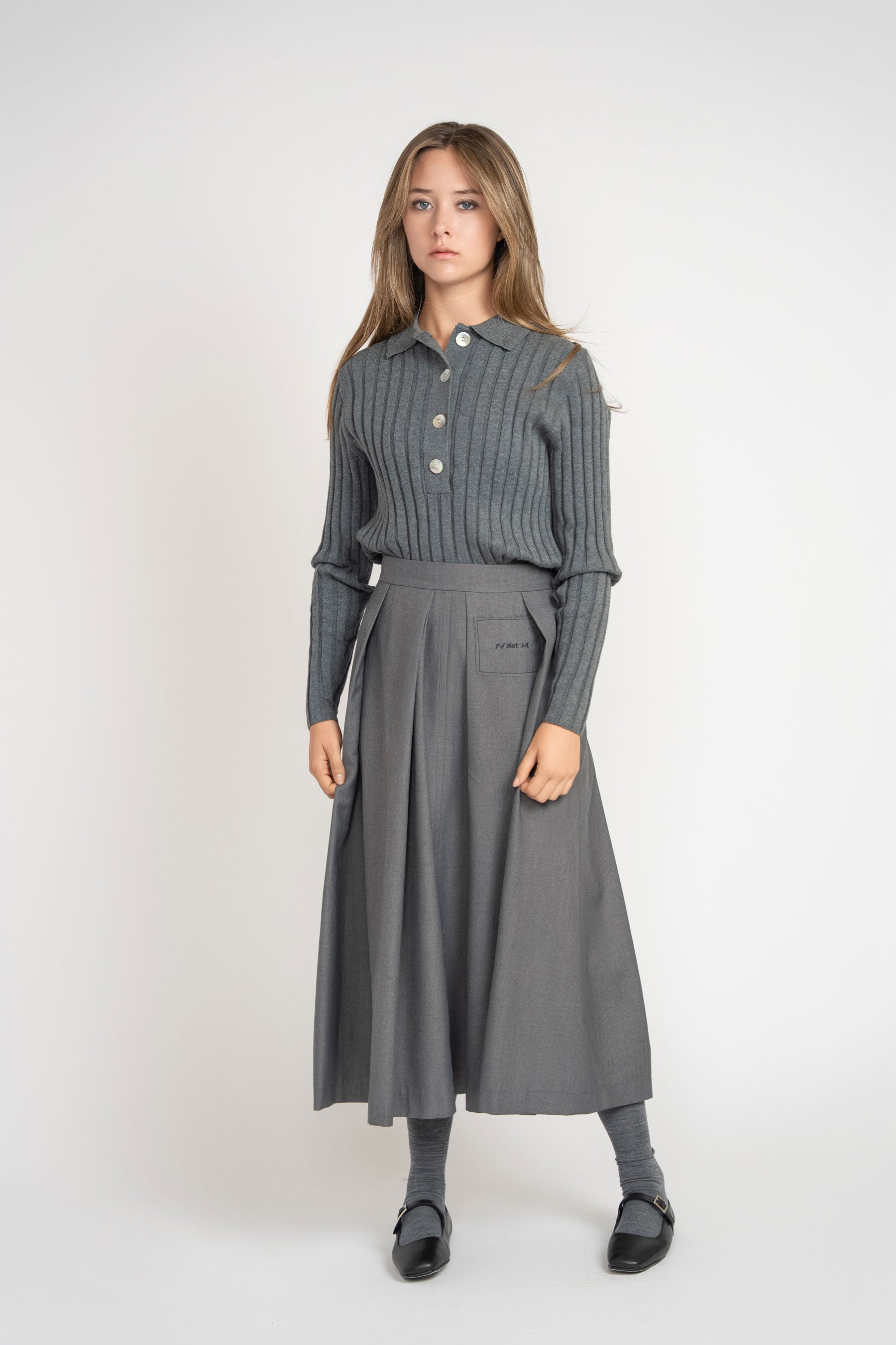 Pleated Wool Twill Skirt