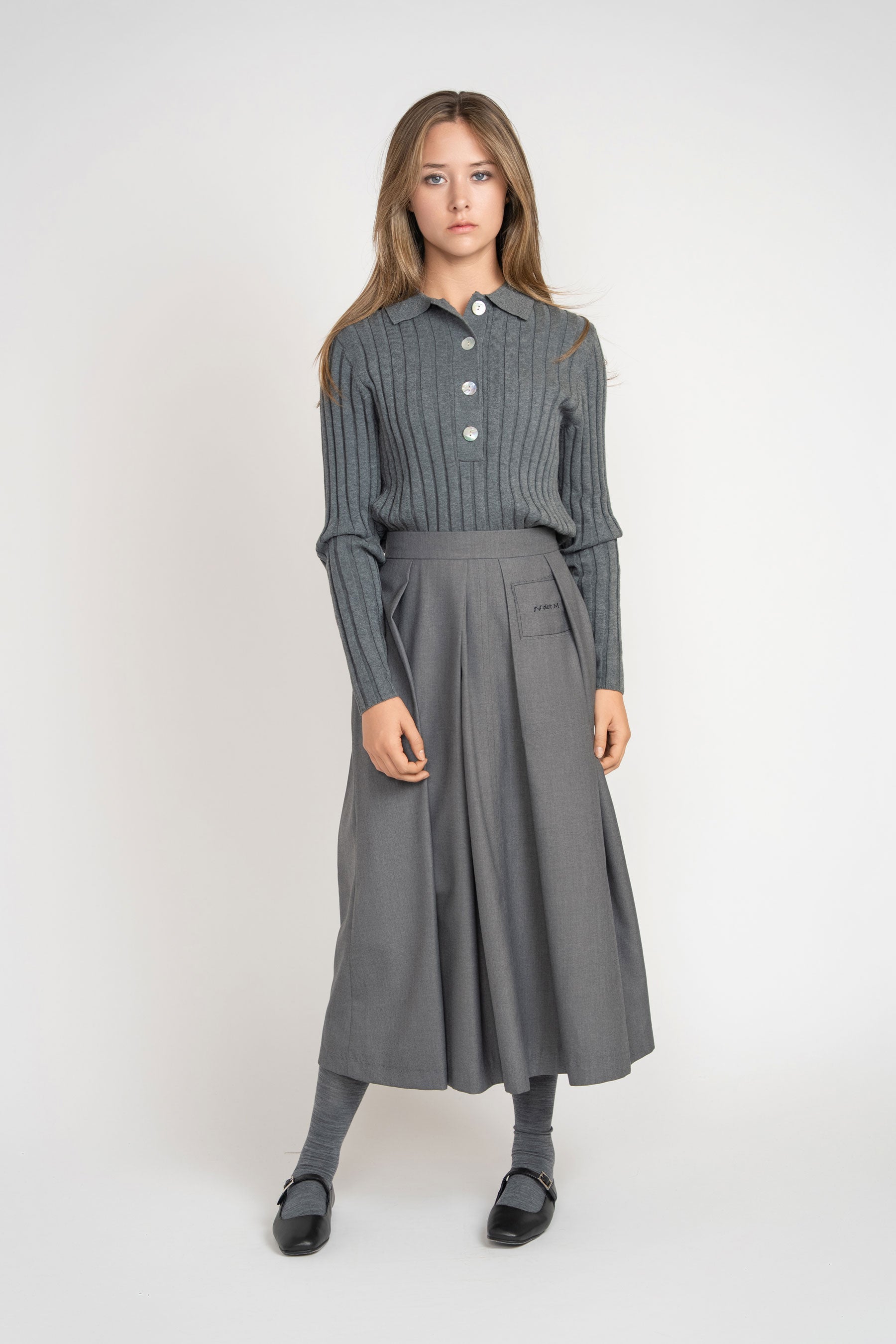 Pleated Wool Twill Skirt