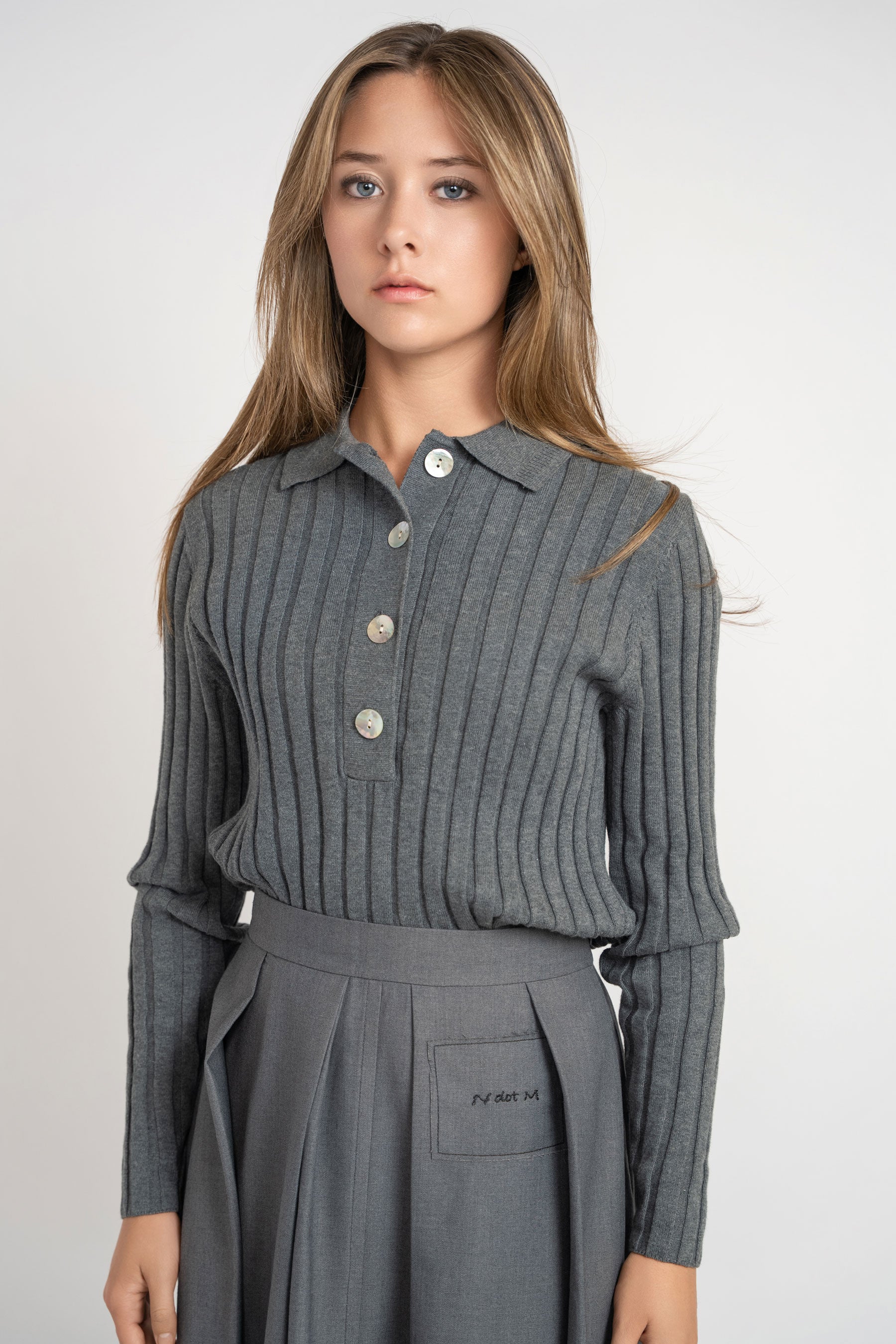 Ribbed Polo Sweater - Grey