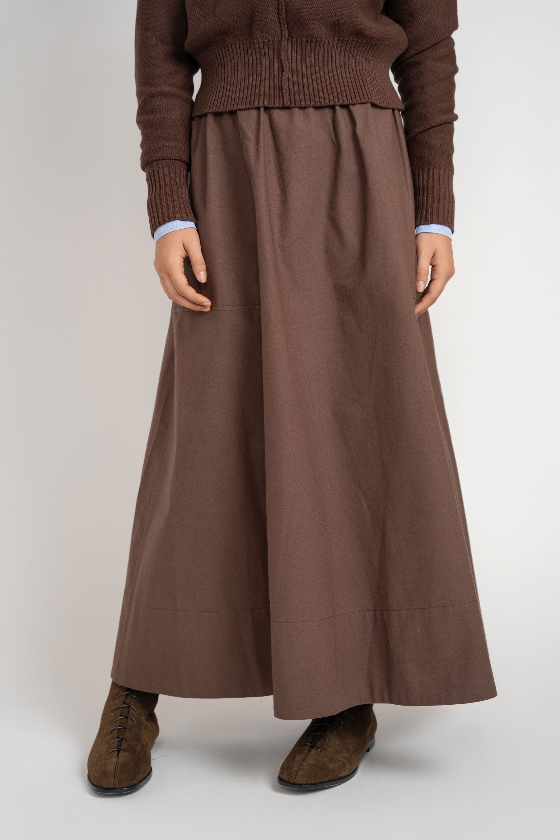 Cotton Gathered Skirt - Brown