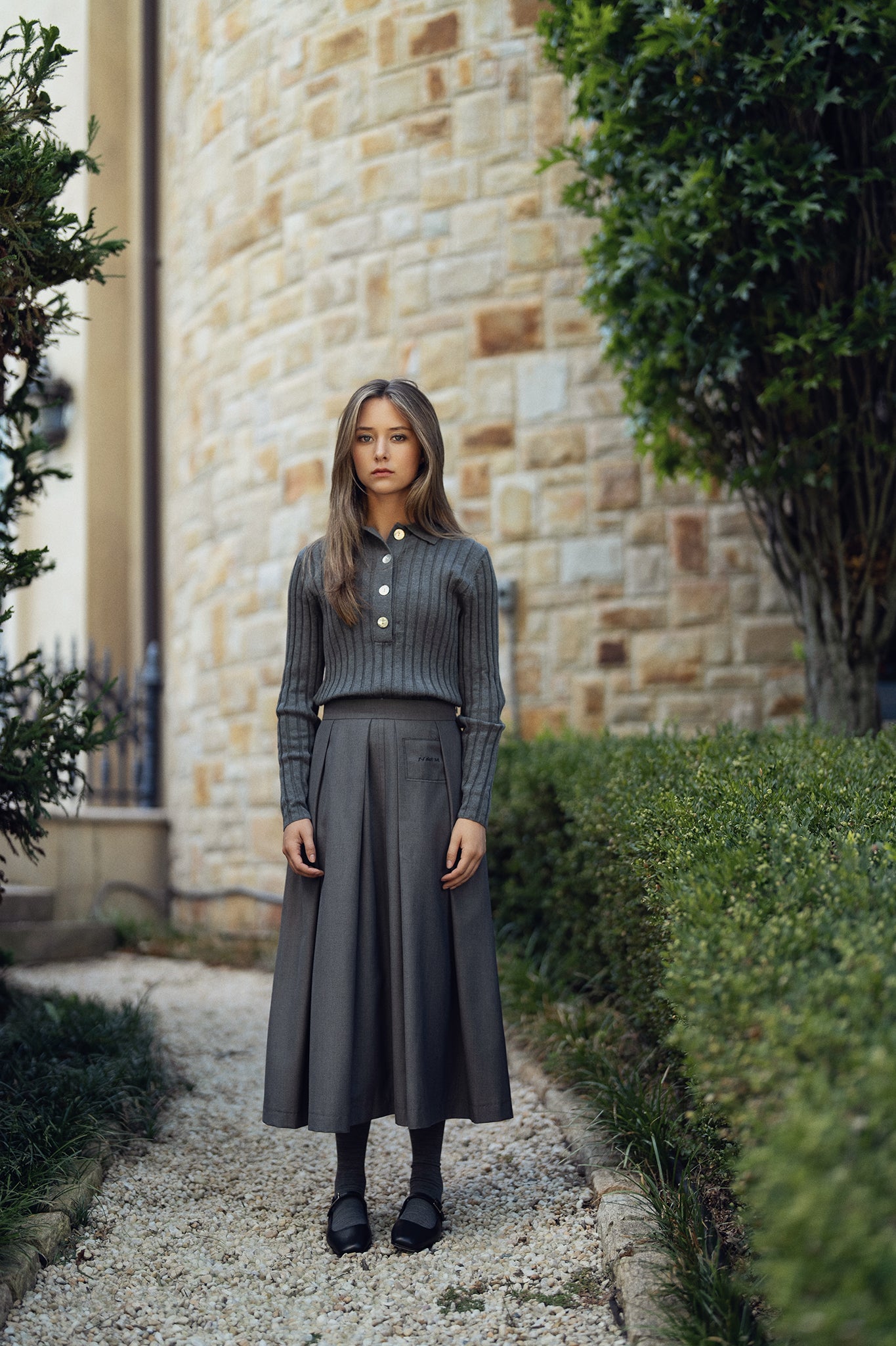 Pleated Wool Twill Skirt