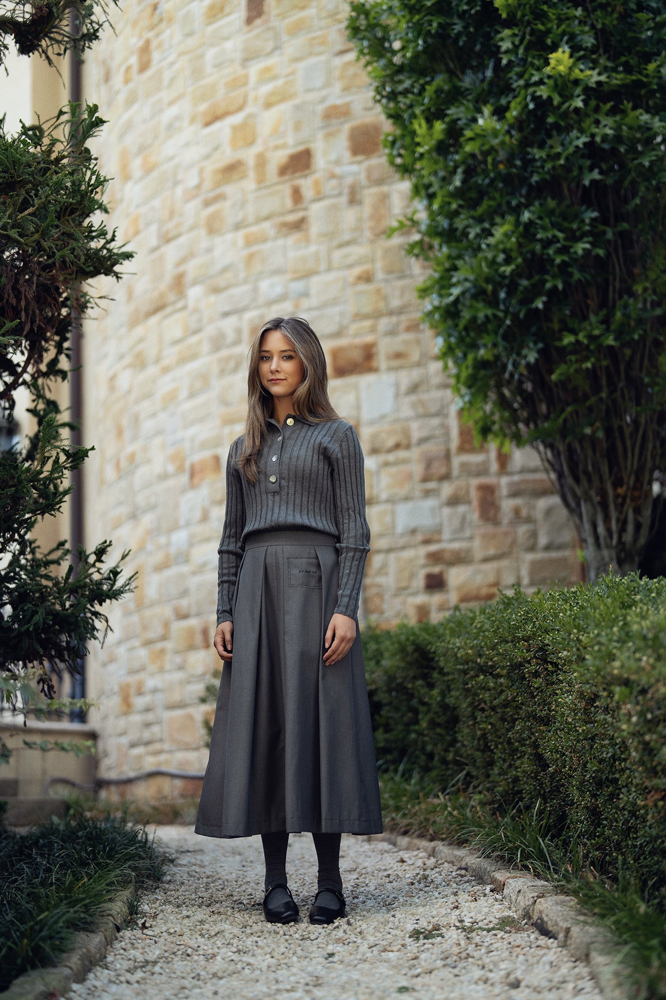 Pleated Wool Twill Skirt