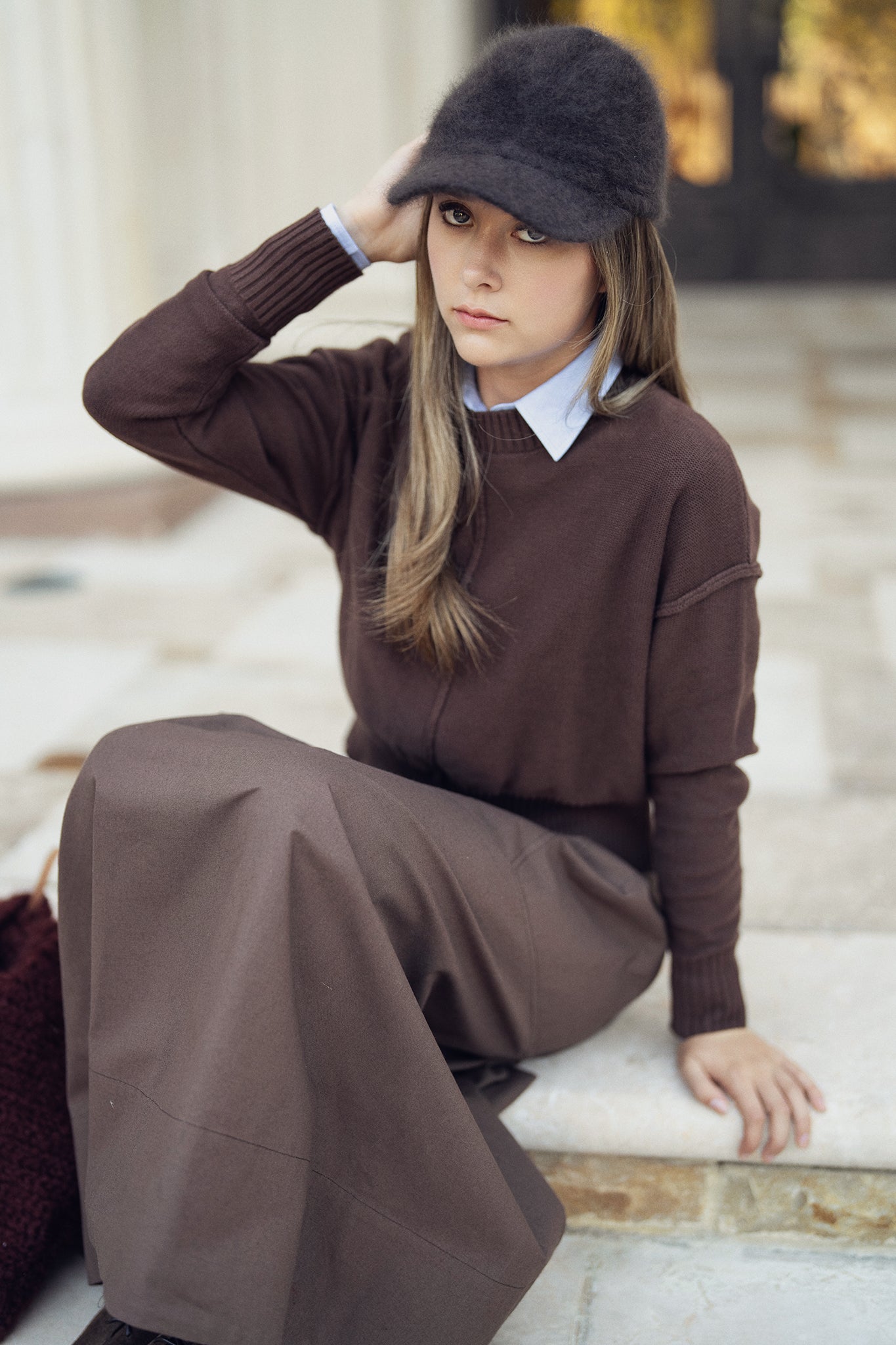 Cotton Gathered Skirt - Brown