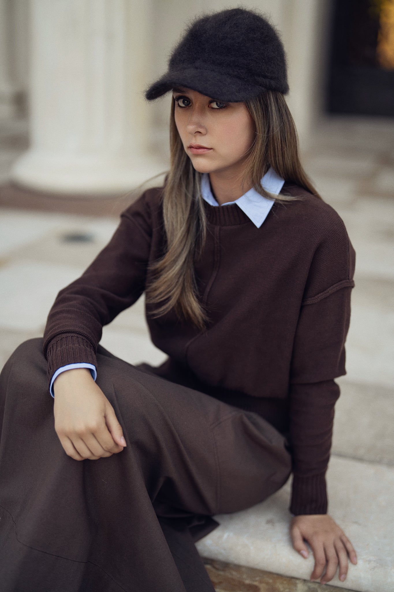 Crewneck Seamed Sweater - Brown