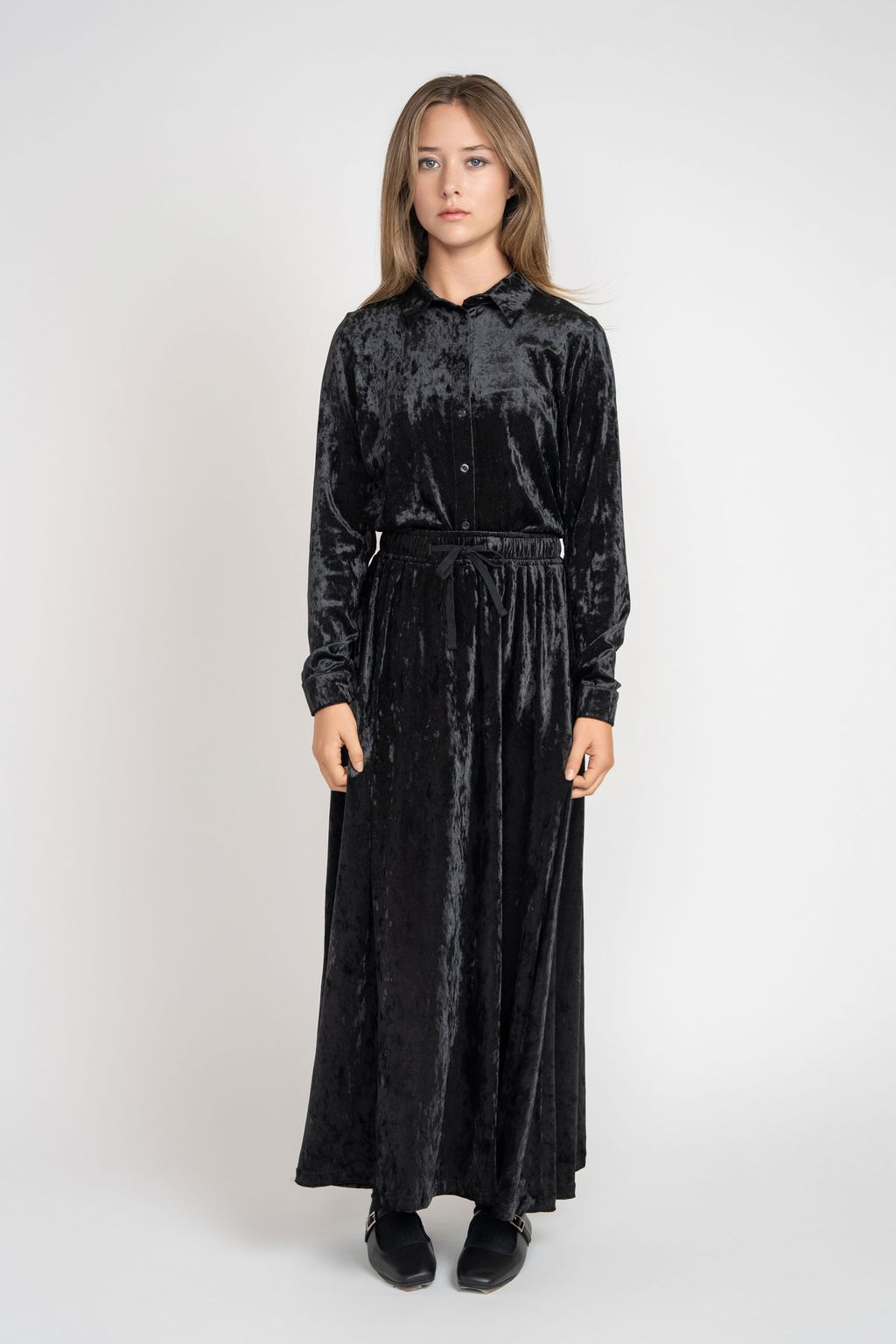 Crushed Velvet Button Down Set - Black